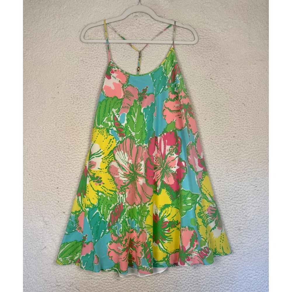 Lilly Pulitzer Maisy All Silk Slip Dress Silk Large Floral Racerback Mini Resort